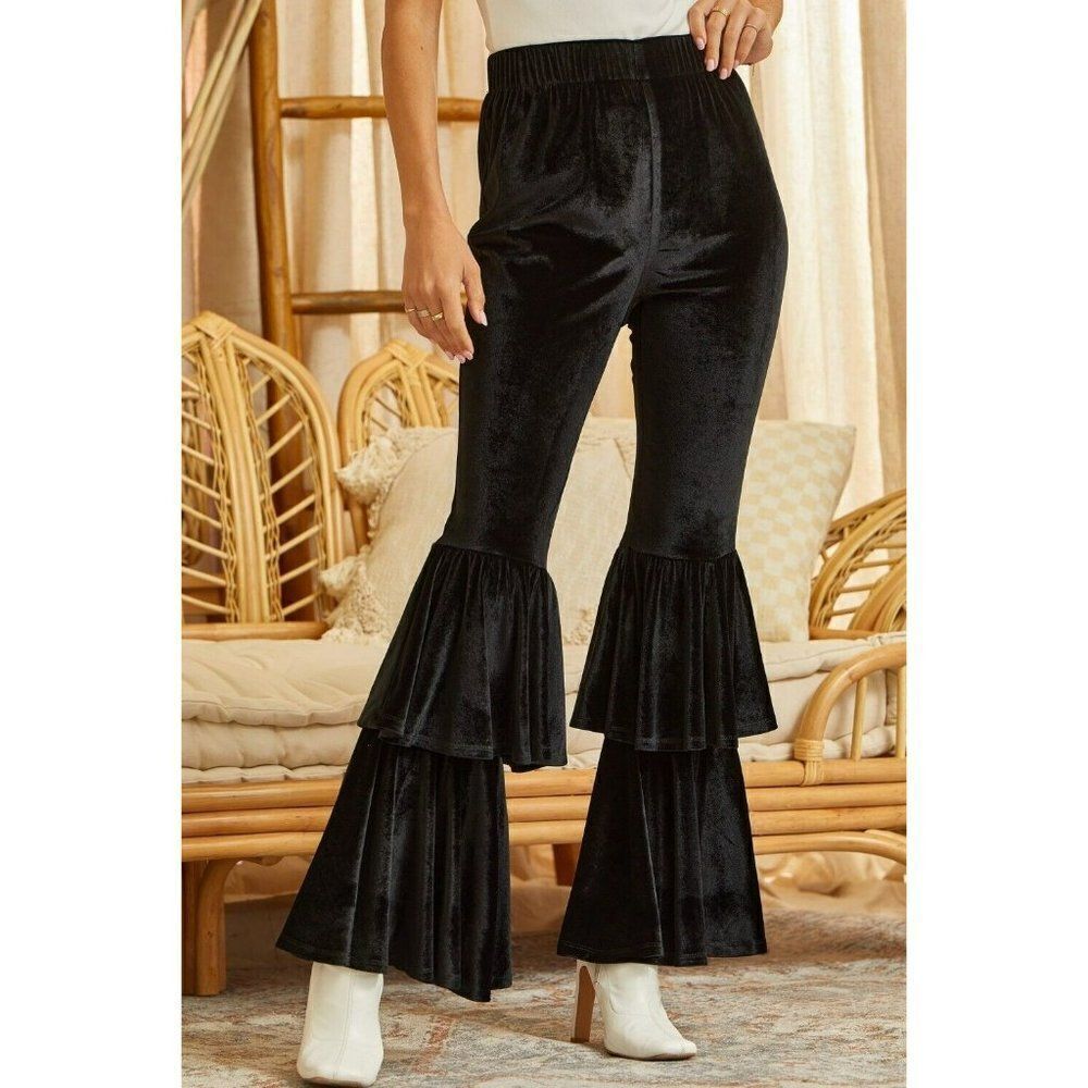 Andree By Unit Black Velvet Ruffled Wide Leg Bell Bottom Pants New S-L R10136